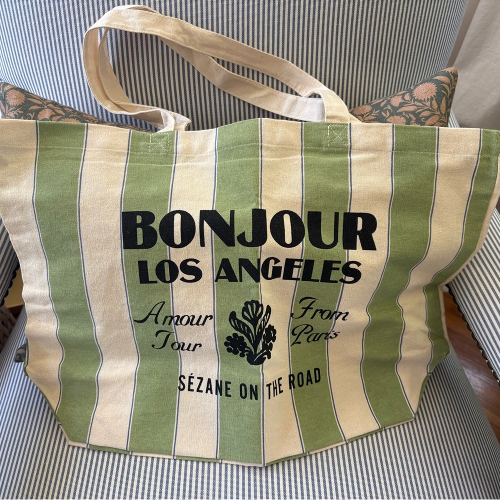 New Sezane Green and Cream Striped Tote